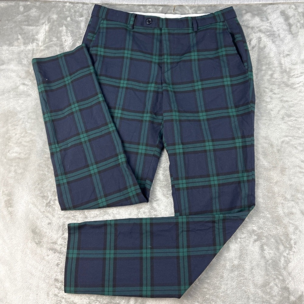 boohooMAN Dress Pants Mens 32R Black Watch Plaid Navy Green Slim Fit EUC